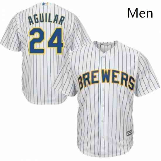 Mens Majestic Milwaukee Brewers 24 Jesus Aguilar Replica White Home Cool Base MLB Jersey